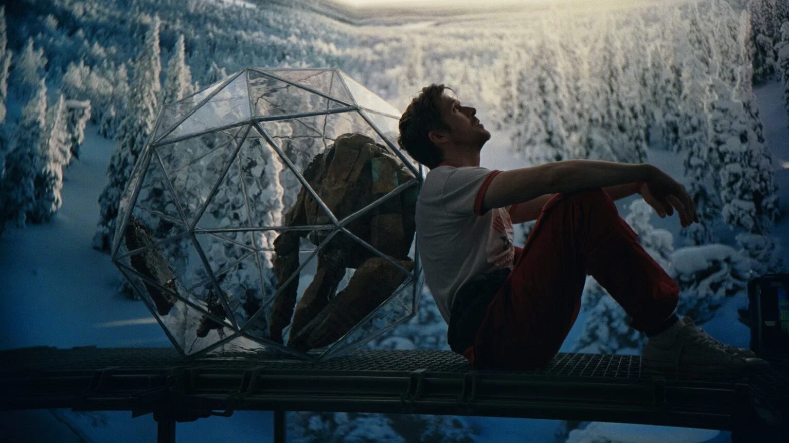 Grace sitting beside Rocky's containment dome in a snowy forest