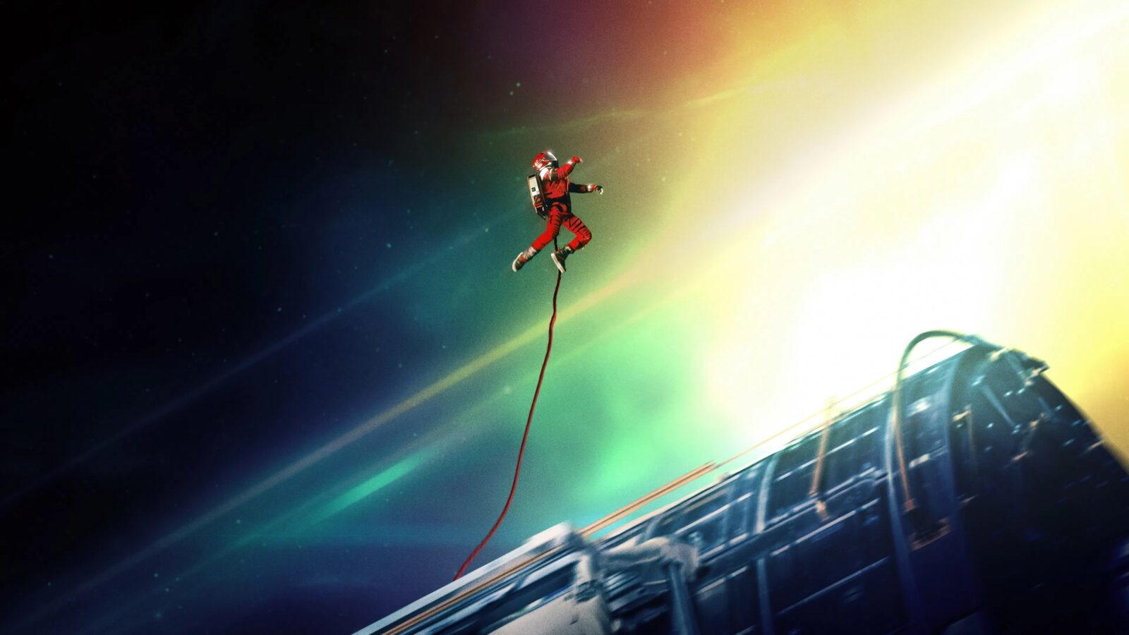 An astronaut suspended against a colorful nebula backdrop during a spacewalk